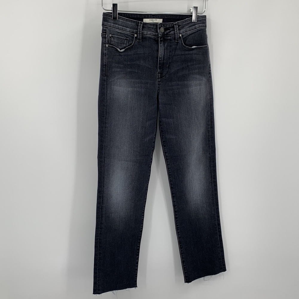 Fidelity Cher cropped slim straight jeans black gray washed raw frayed hem 27